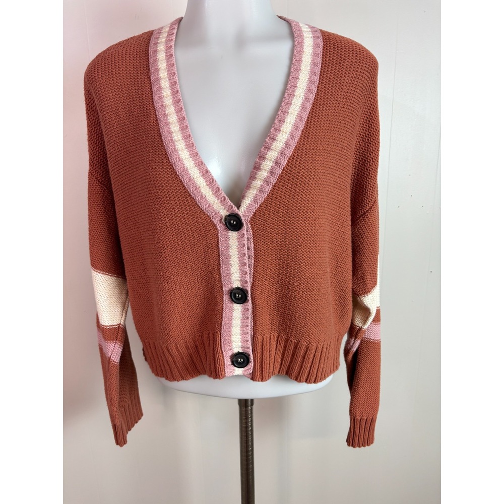 American Eagle Cardigan Medium Orange Pink Cropped Varsity Sweater Women's